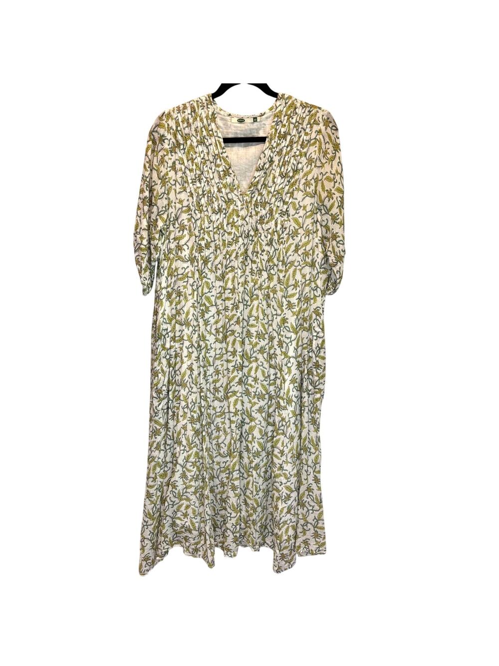 Dolma Green Leaf Print Relaxed Fit Short Sleeve Cotton Midi Dress - size Medium